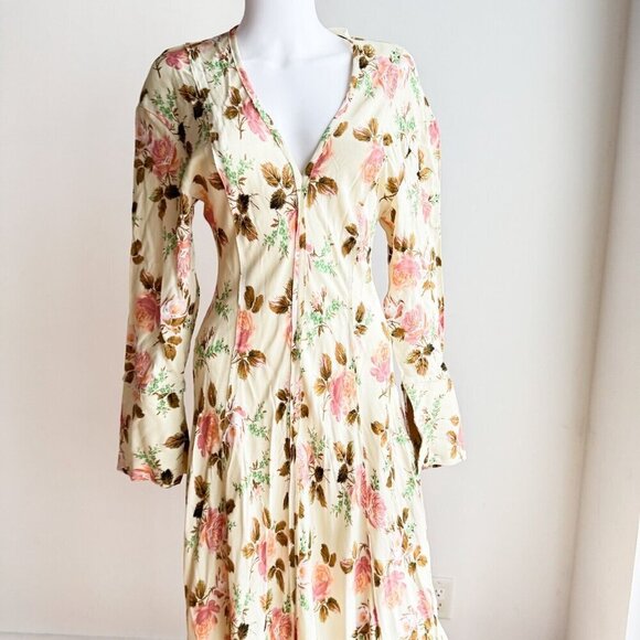 Zara Pastel Green Pink Floral Bias Cut Long Sleeve Maxi Dress XS - Picture 3 of 9